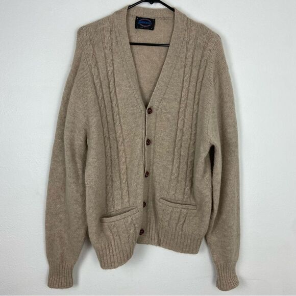 Vtg Jantzen Men's Large Oatmeal Cable Knit Cardigan Sweater Grandpa Pockets - Picture 1 of 14